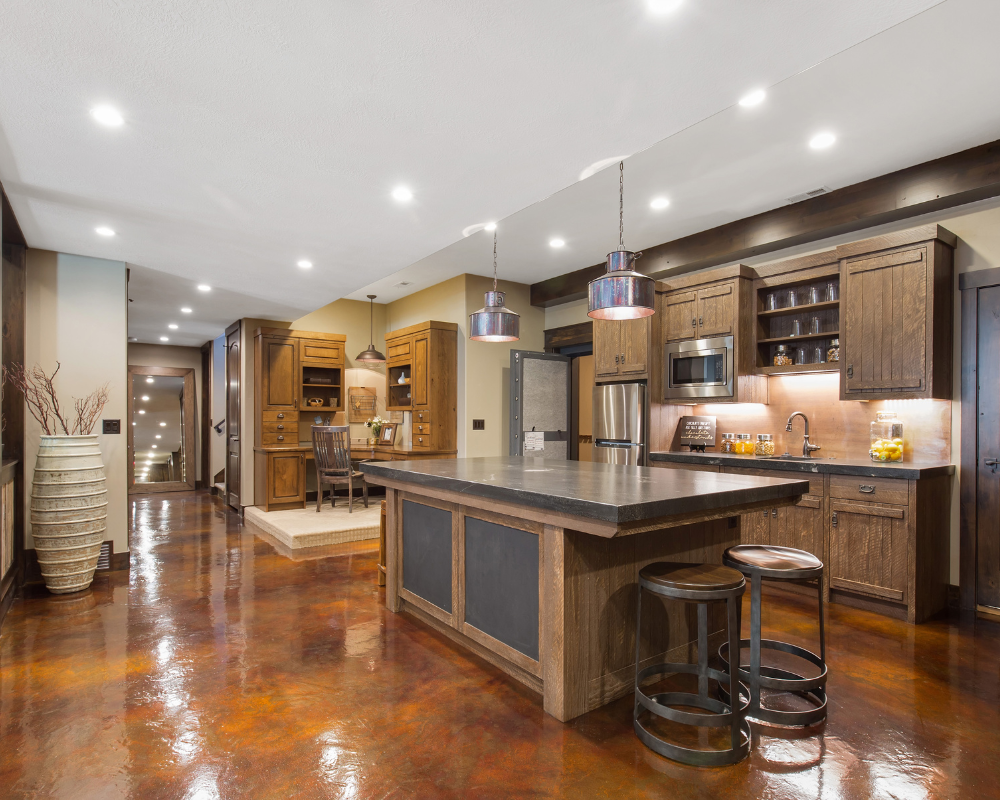 rustic themed kitchen with orange-brown shiny epoxy floors