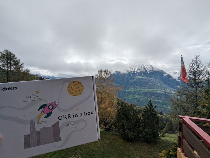 A person is holding a sign in front of a mountain.