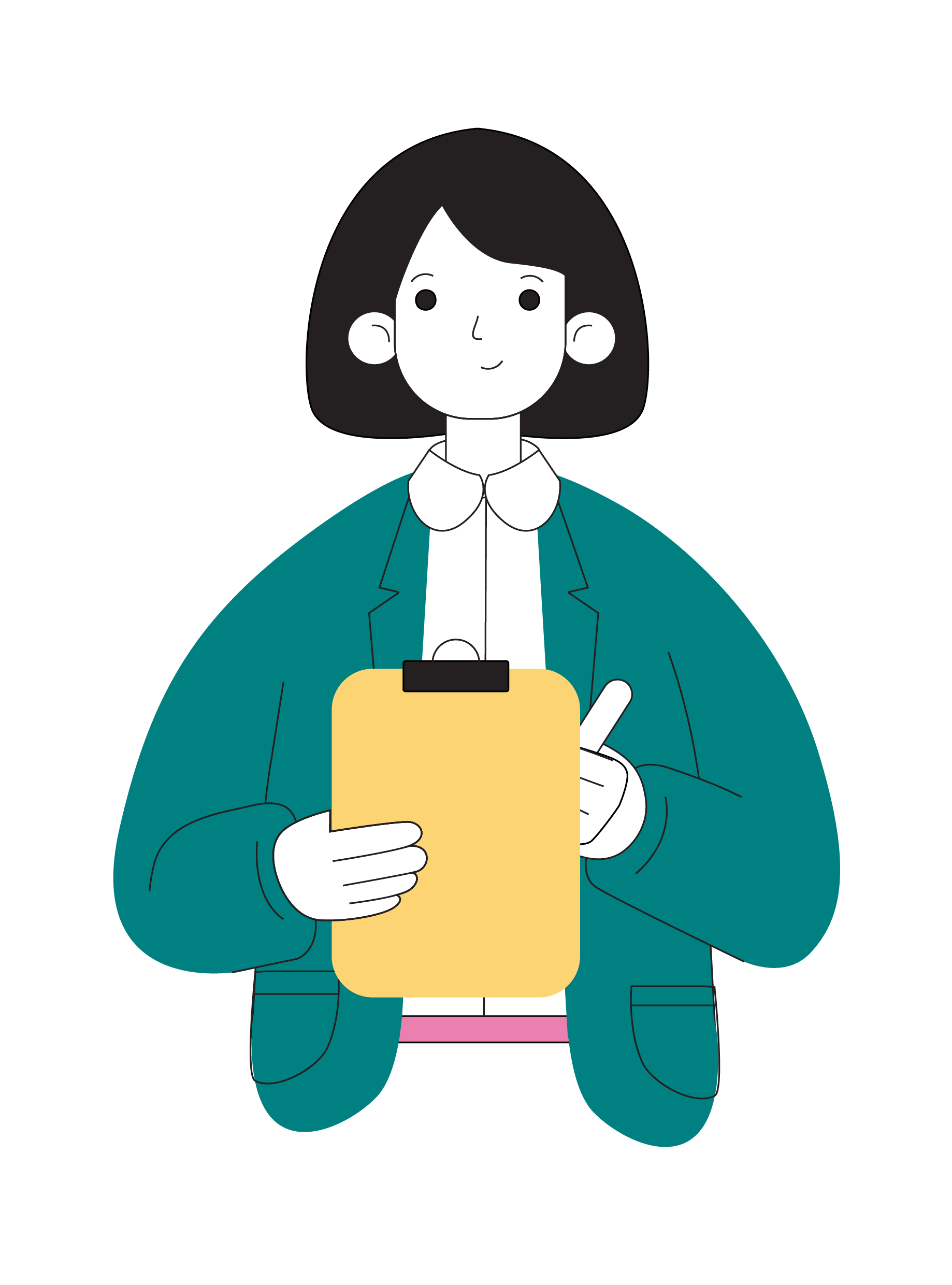 A woman is holding a clipboard with a pen in her hand.