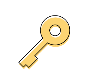 A yellow key with a hole in the middle on a white background.