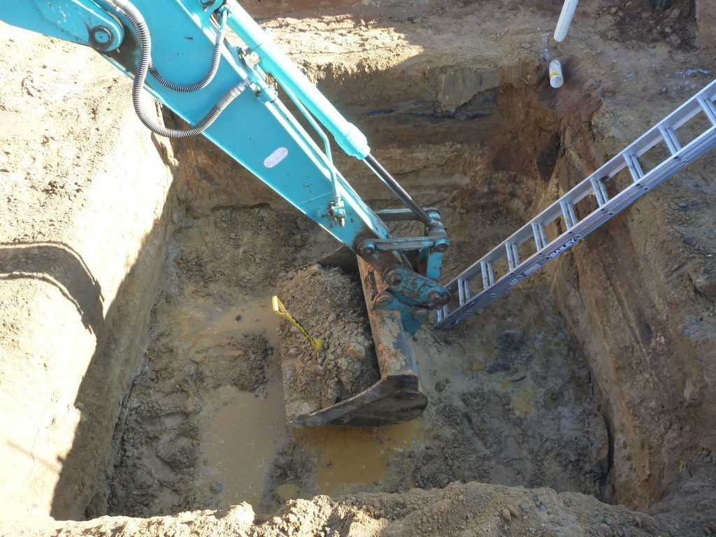 A blue excavator is digging a hole with a ladder attached to it | Murray Bridge, SA | Ridleys SA