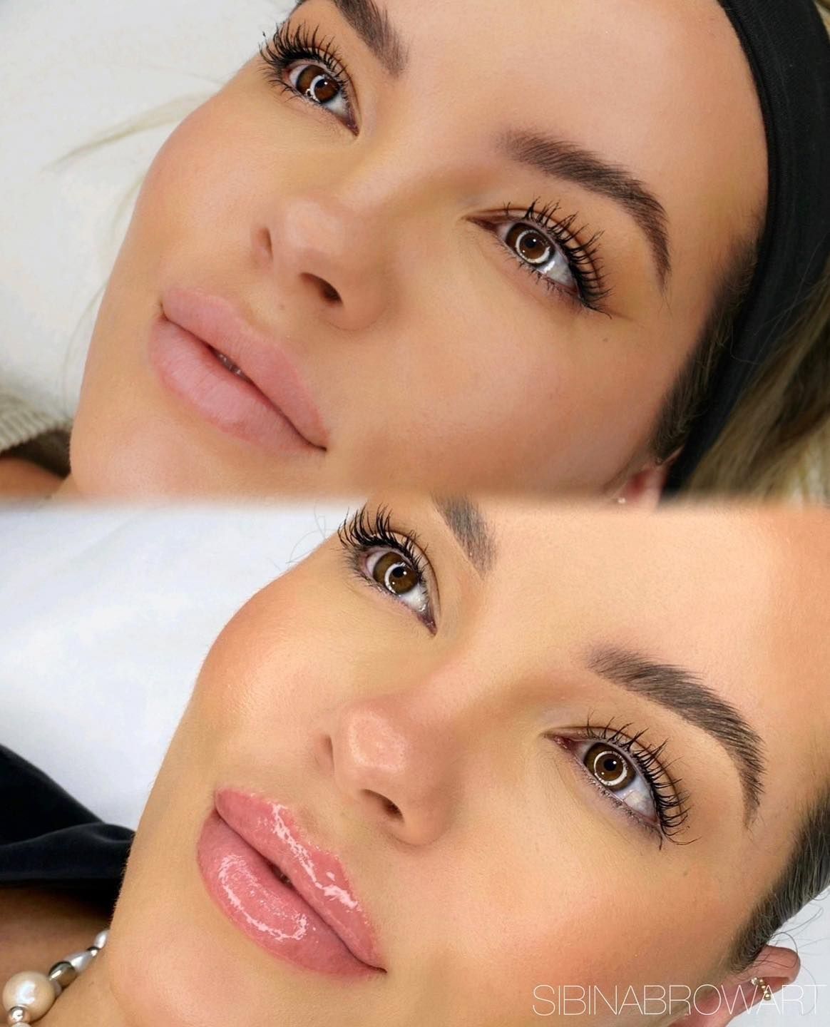 A close up of a woman 's face before and after makeup — Sibina Cosmetic Tattoo Art In Broadbeach, QLD