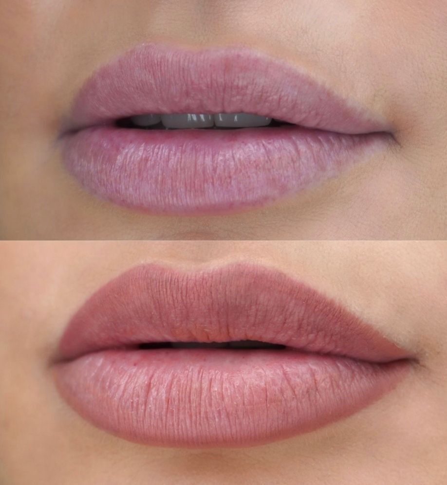 A before and after picture of a woman 's lips with pink lipstick — Sibina Cosmetic Tattoo Art In Broadbeach, QLD