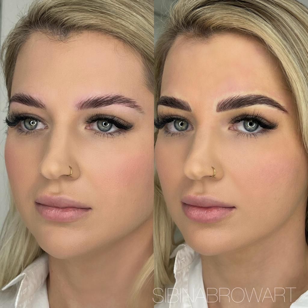A before and after photo of a woman 's eyebrows — Sibina Cosmetic Tattoo Art In Broadbeach, QLD