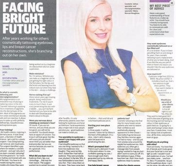 A woman is standing in front of a newspaper article titled facing bright future — Sibina Cosmetic Tattoo Art In Broadbeach, QLD