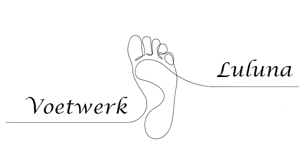 Een doorlopende lijntekening van een menselijke voet, met "Voetwerk" links en "Luluna" rechts in een schreeflettertype.