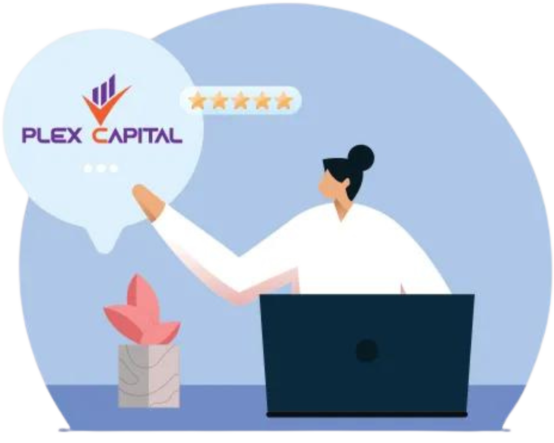 A woman is sitting in front of a laptop with a plex capital logo in a speech bubble