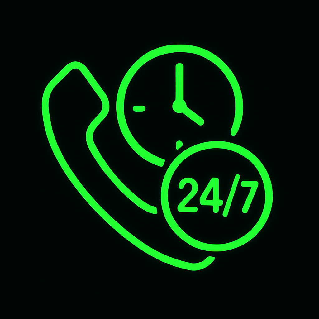 A green icon of a phone with a clock and the words `` 24/7 ''.