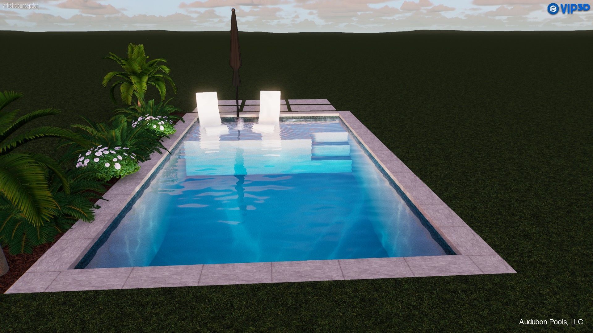 A rectangular swimming pool with white lounge chairs, a black umbrella, and lush greenery in a grassy backyard.