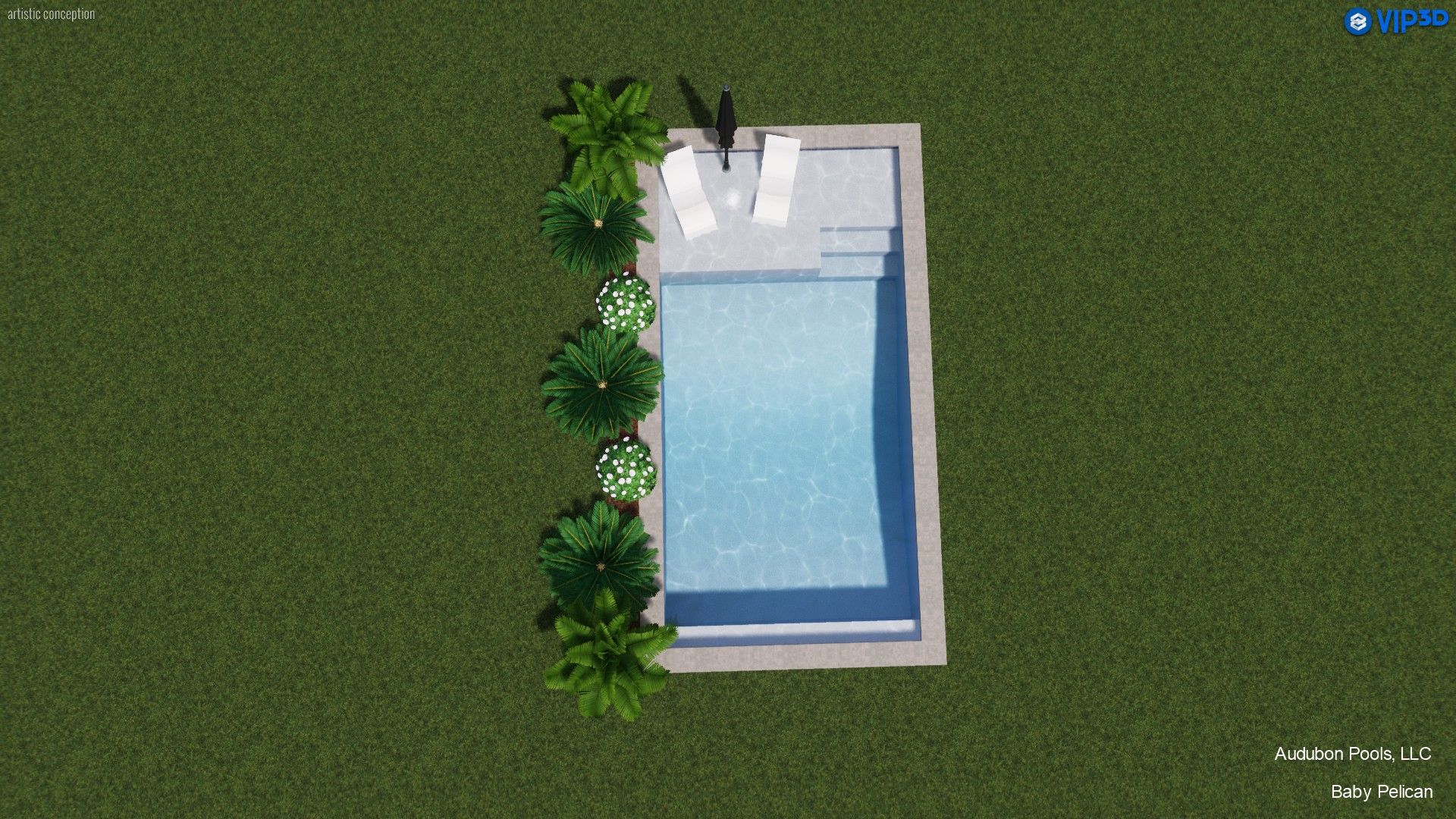 Overhead view of a rectangular pool with two white lounge chairs, surrounded by greenery and a gray patio, set on grass.