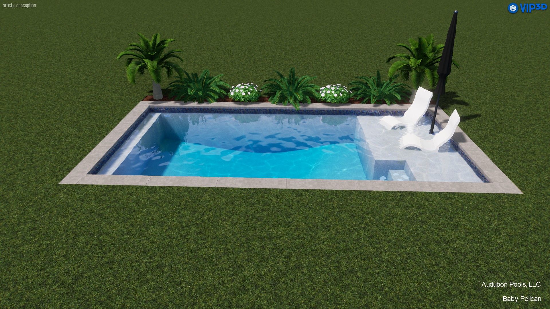 Small rectangular pool with stone border, lounge chairs, and landscaping.