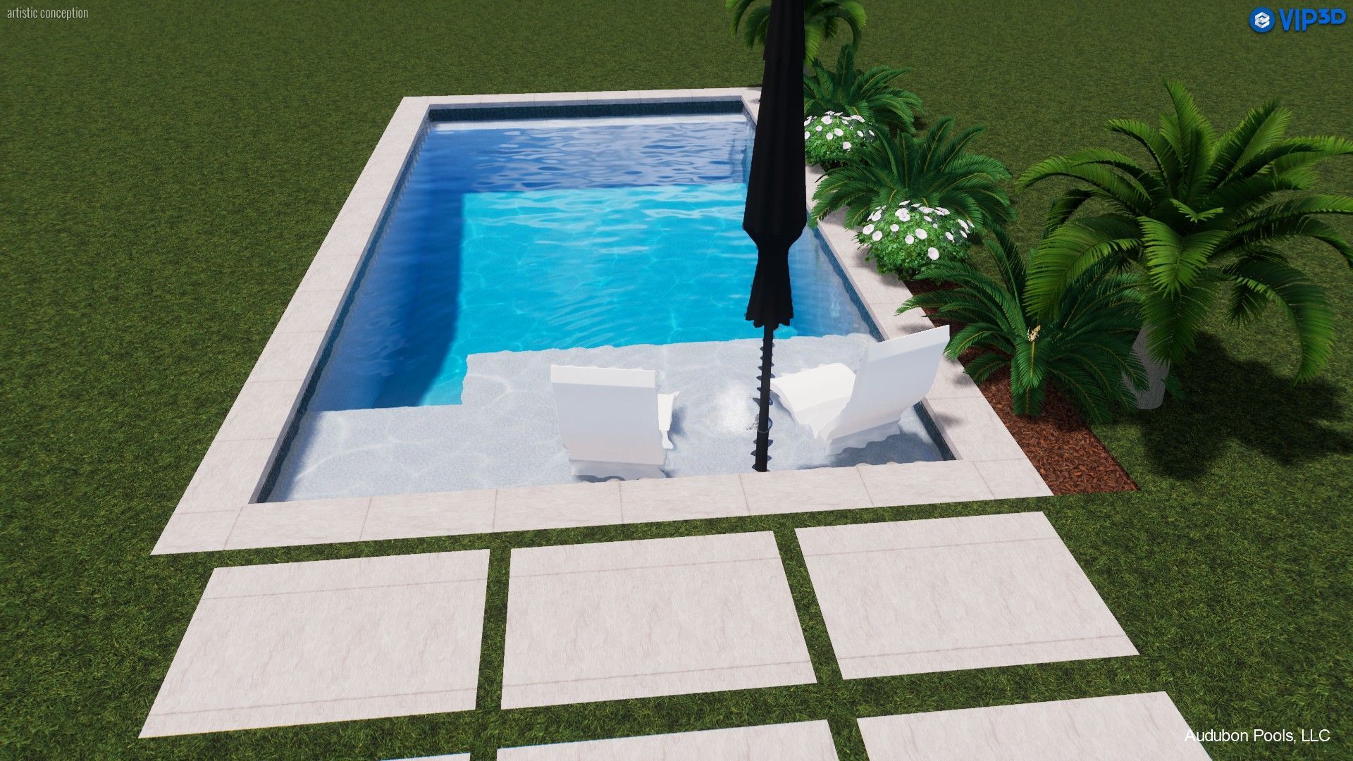 Rectangular pool with white chairs, umbrella, and tropical plants.