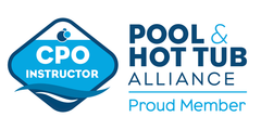 phta.org CPO Instructor logo with Pool & Hot Tub Alliance text, proud member. Blue, white, and teal colors.