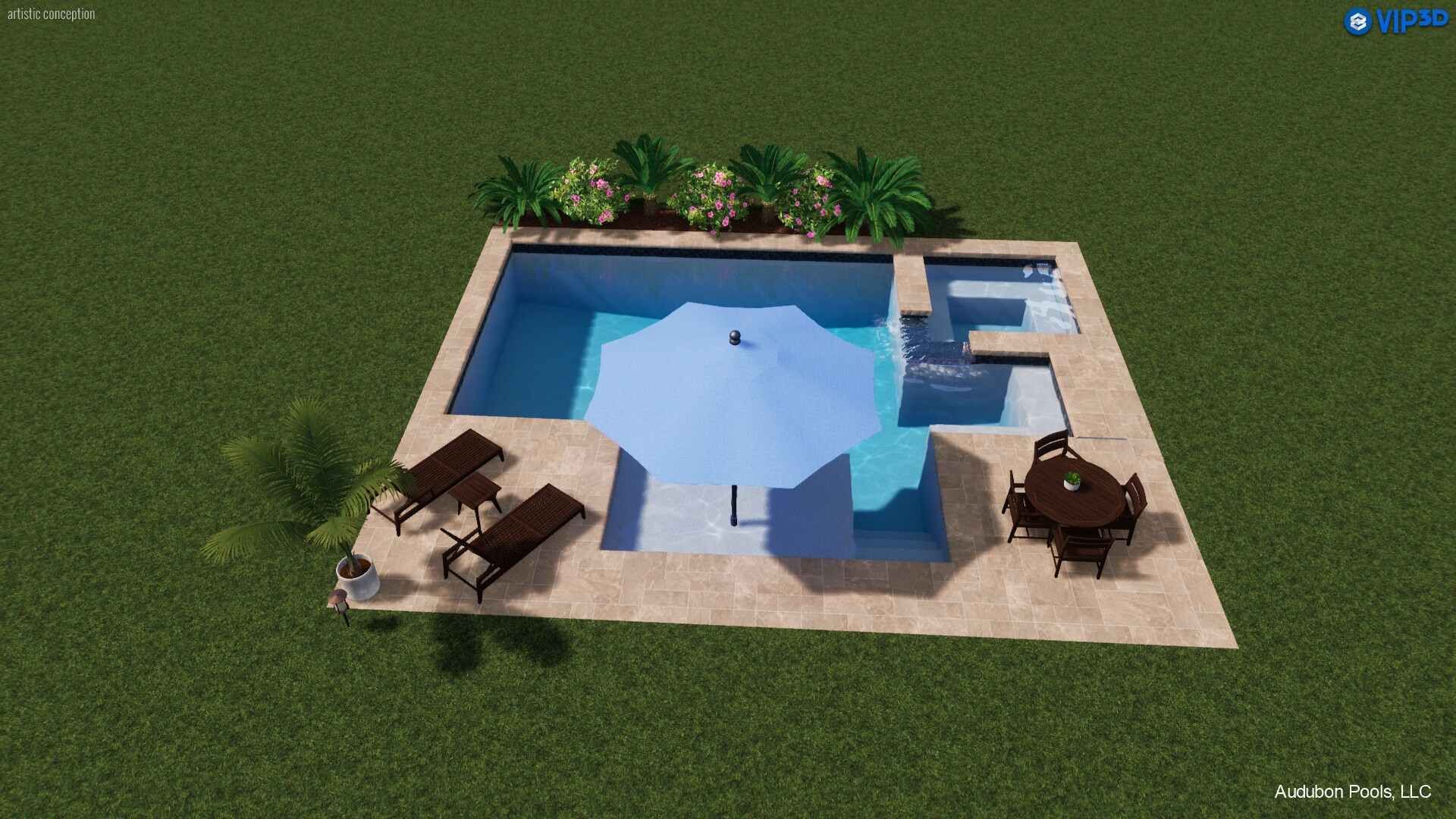 Pool with umbrella, lounge chairs, and small table on a stone patio. Green grass surrounds.