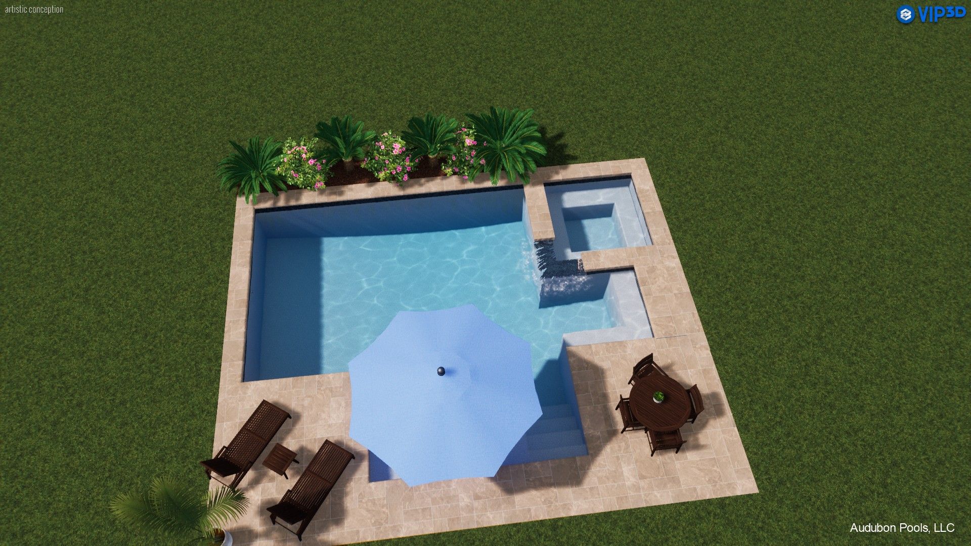 Top-down view of a pool area with a blue pool, spa, sun umbrella, lounge chairs, table and plants.