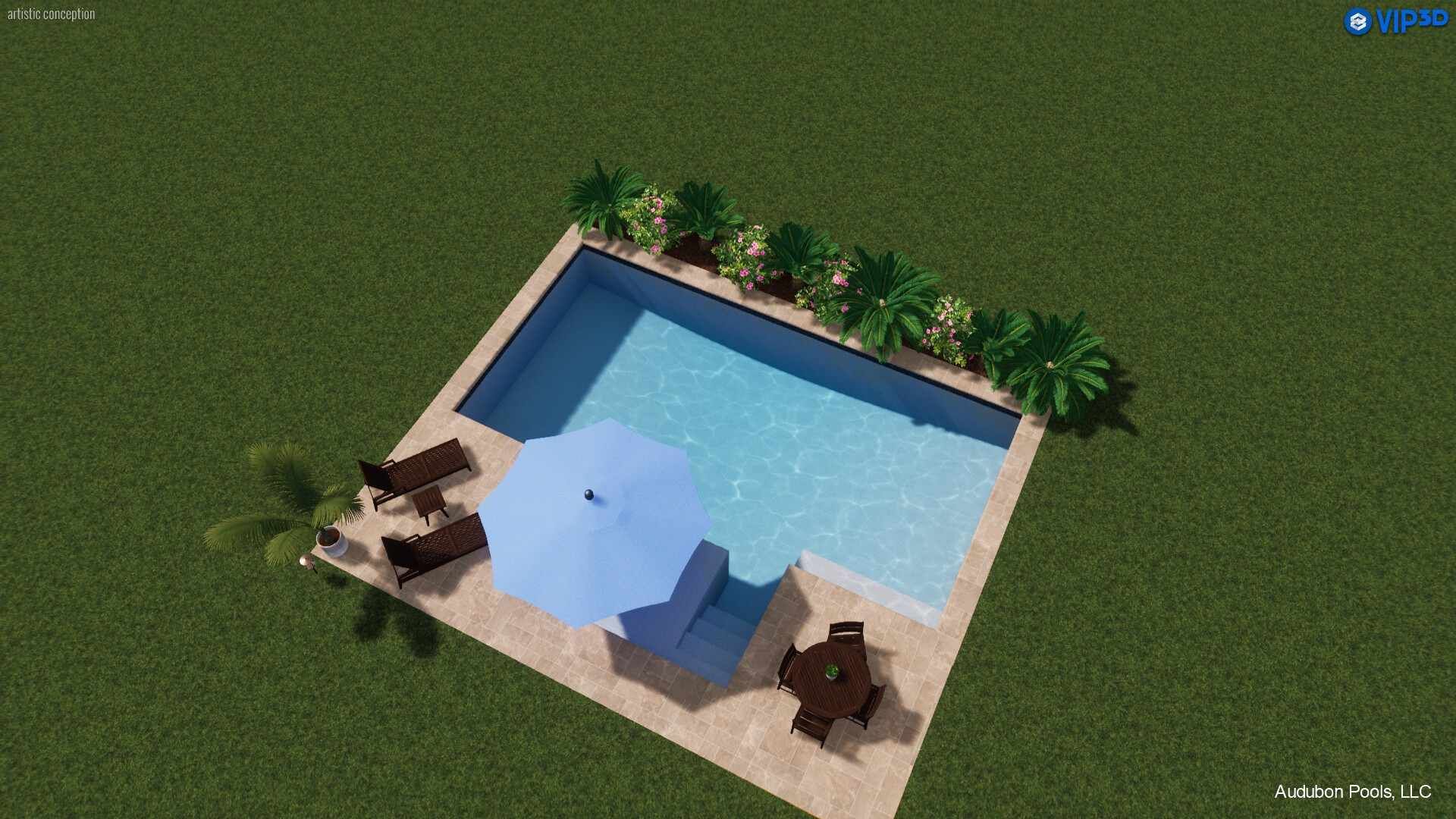 Swimming pool with umbrella, lounge chairs, and greenery.