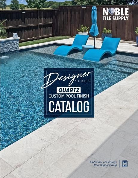 Poolside scene with blue chaise lounges, pool, and catalog cover advertising custom pool finishes.