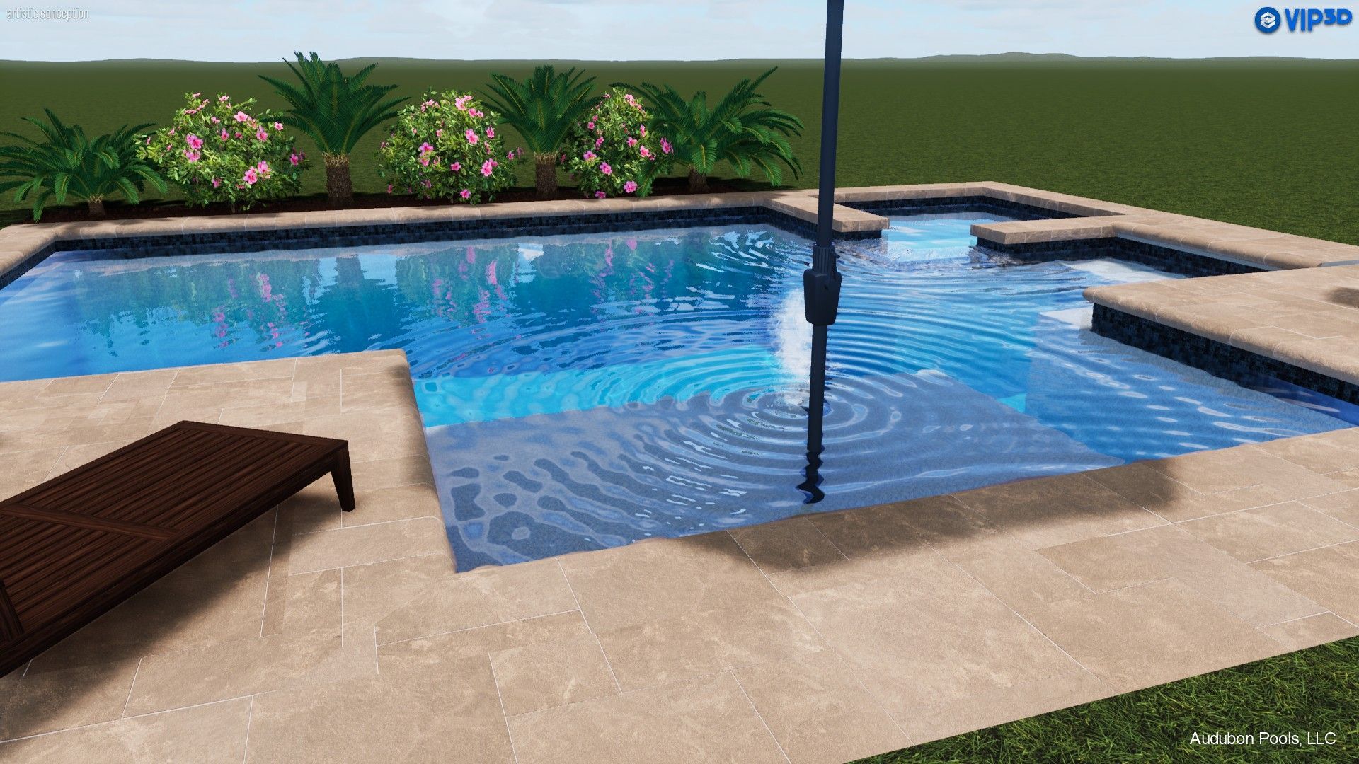 Swimming pool with lounge chair, umbrella, and surrounding landscaping.
