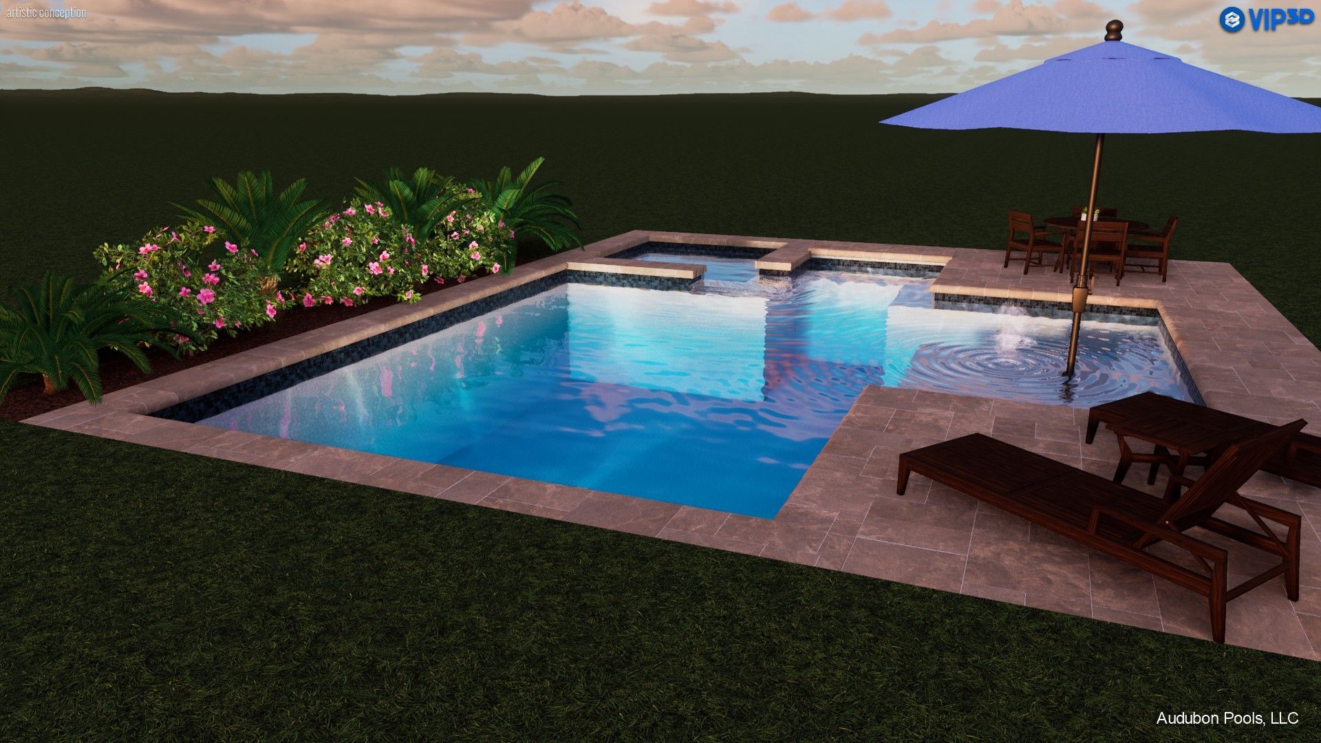 Swimming pool with lounge chairs, table, umbrella, and landscaping.