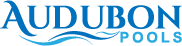Audubon Pools logo with blue text and water wave graphic.