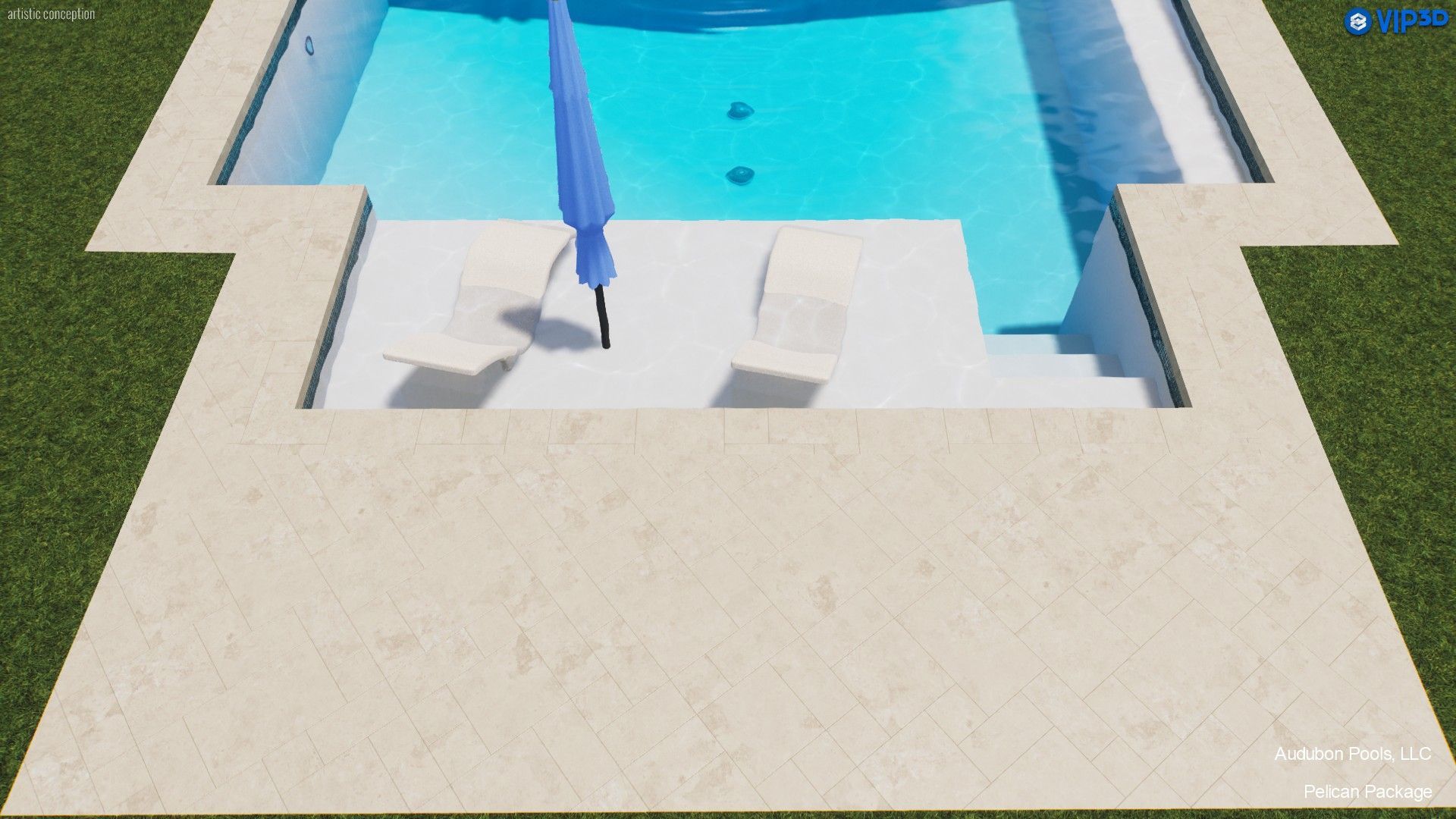 Pool with white patio, lounge chairs, blue umbrella, and green grass.