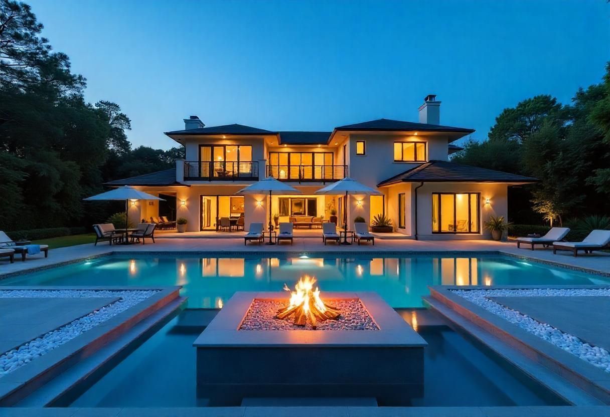 Luxury home with a pool, fire pit, and outdoor seating at dusk.