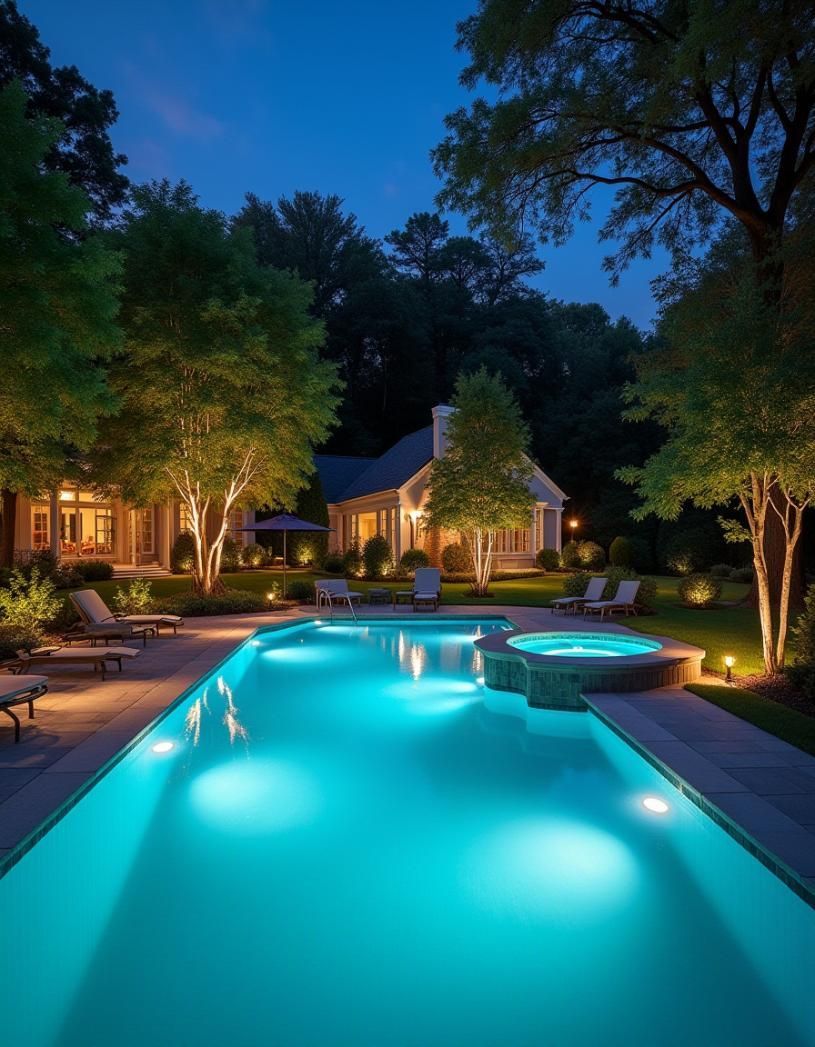 A backyard pool at night, lit turquoise, with a house and trees in the background.