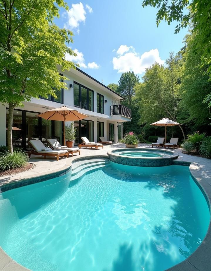 Two-story white house with a blue pool, hot tub, lounge chairs, and umbrellas surrounded by trees.