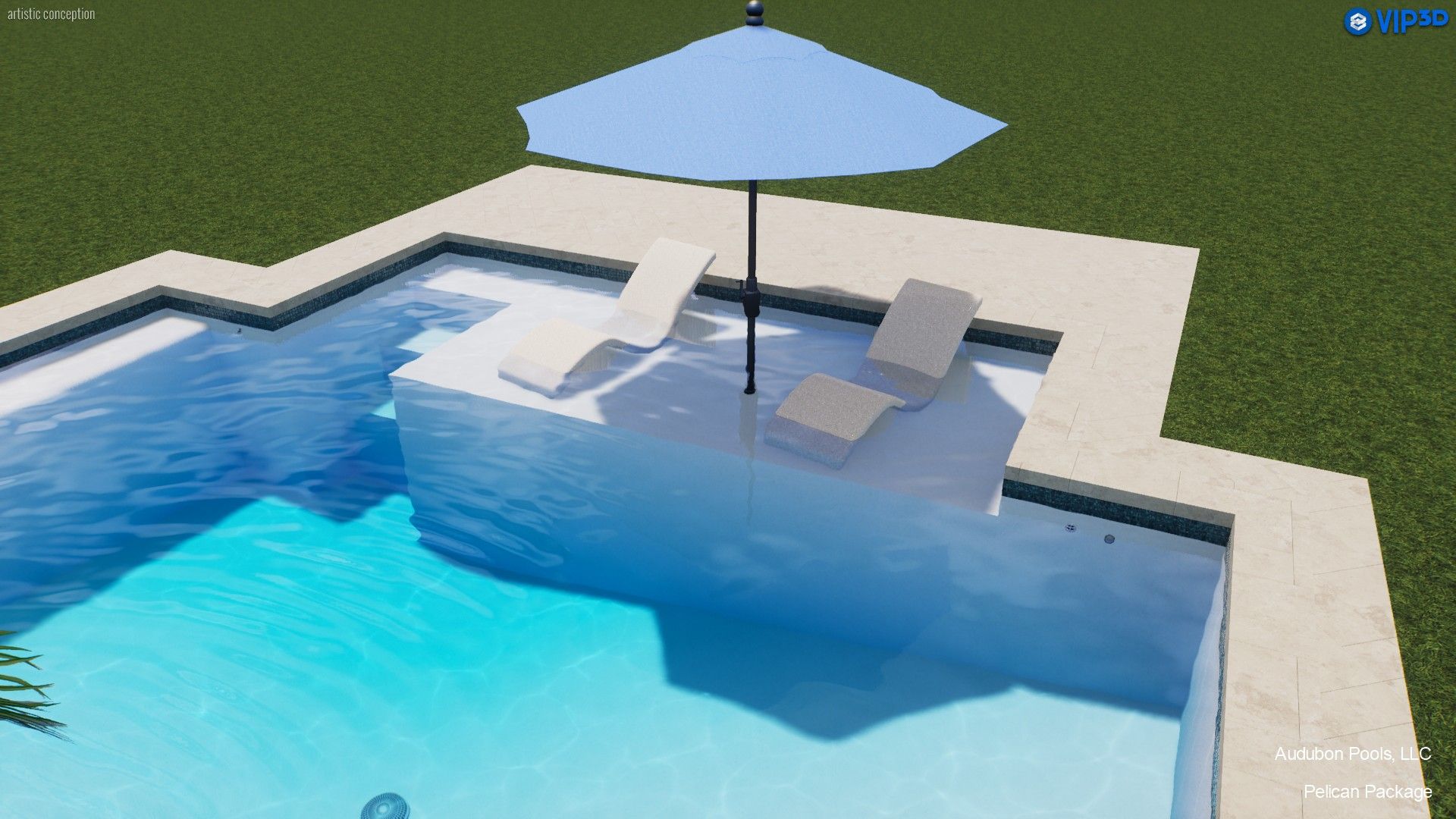 A pool with a light blue umbrella, white lounge chairs, and a stone ledge.