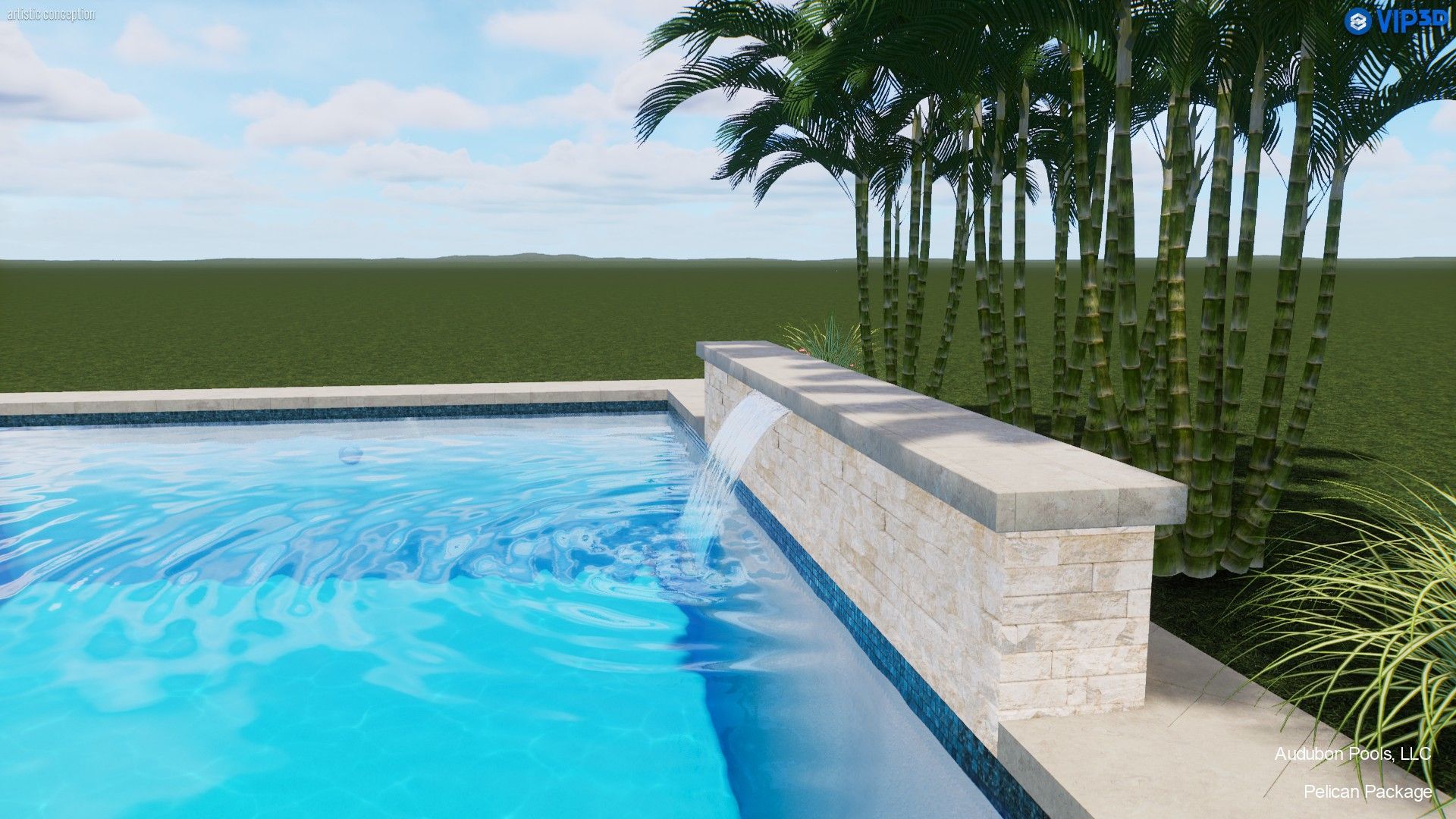 Swimming pool with blue water, a stone wall with a water feature, and palm trees.
