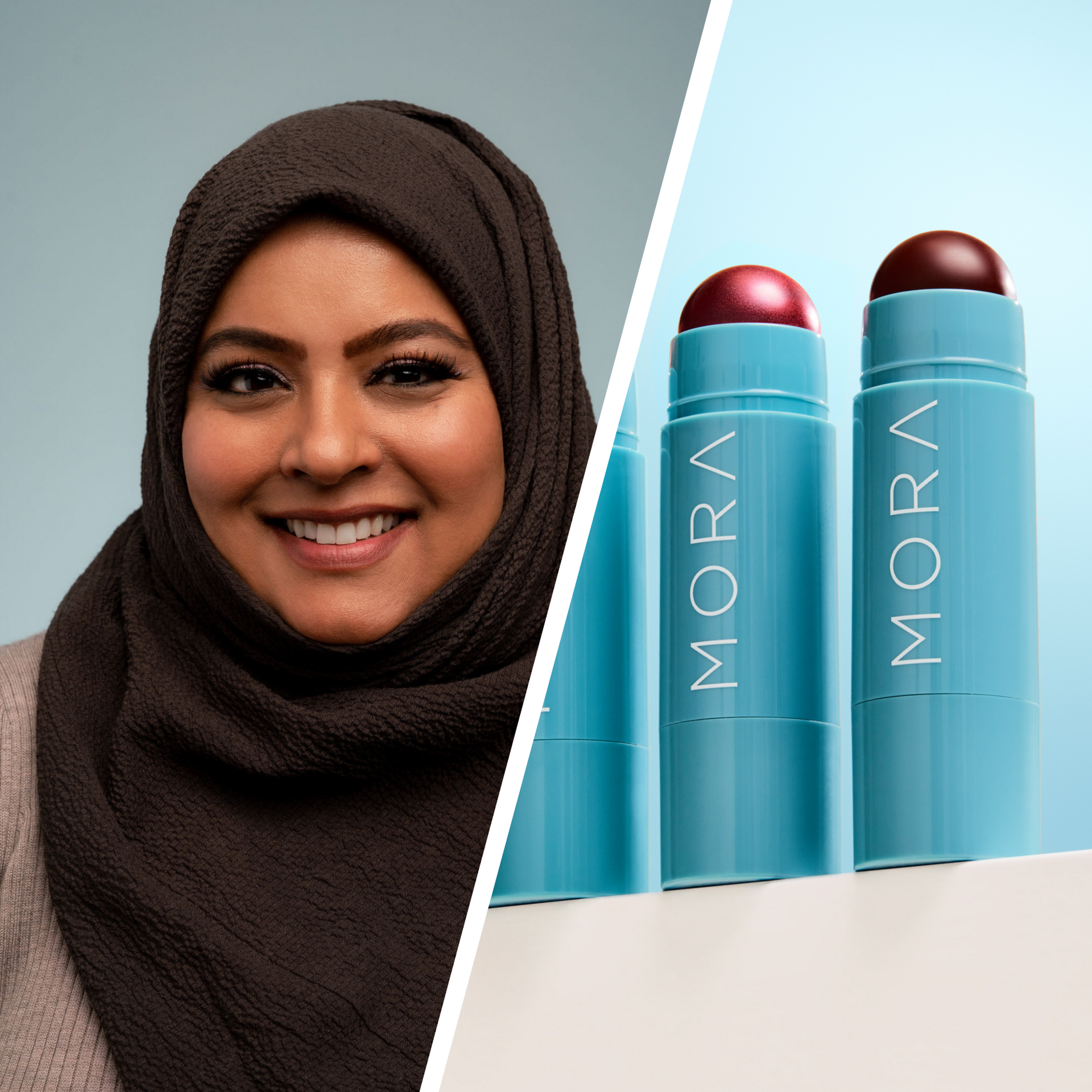Minara El-Rahman with Mora Cosmetics products, highlighting halal certification