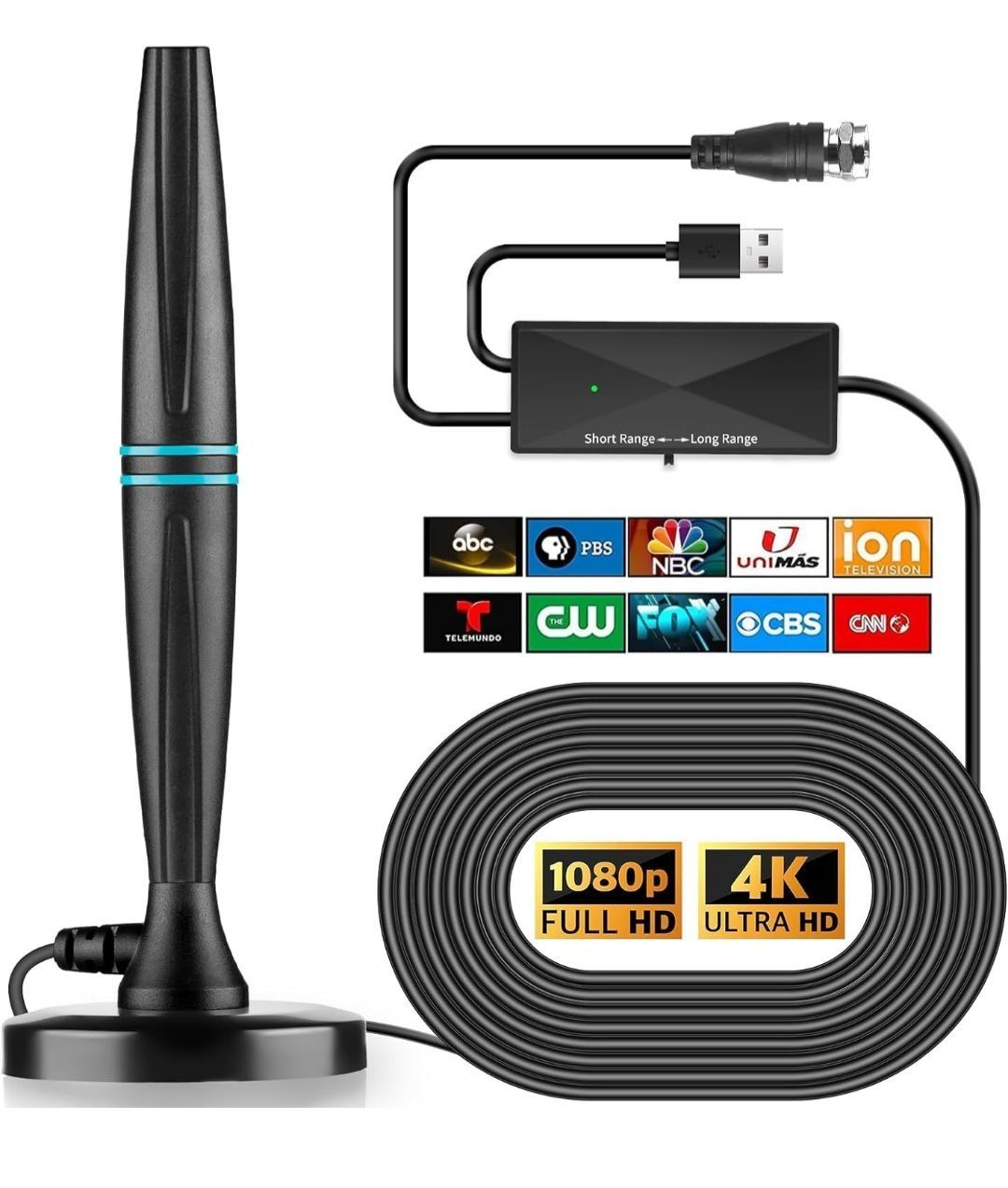 Black indoor TV antenna with a coiled cable and a black signal converter box.