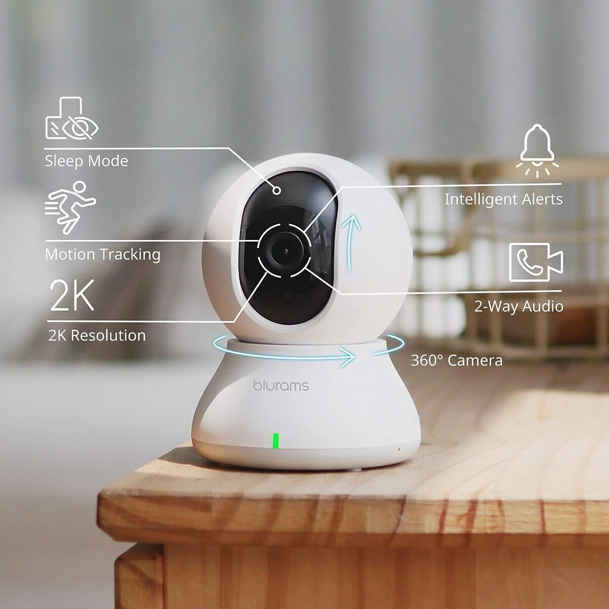 White smart home security camera with labeled features: sleep mode, motion tracking, 2K resolution, etc.