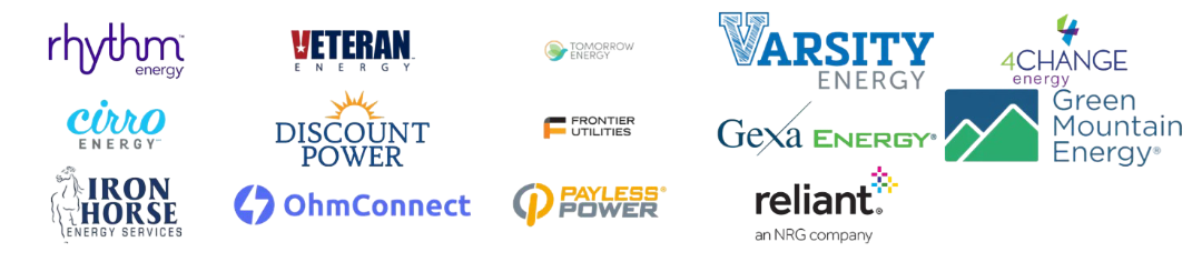 Logos of energy providers, including Rhythm, Veteran Power, and Varsity Energy.