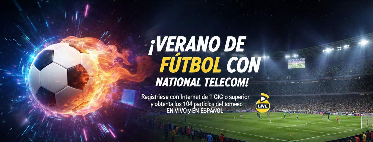 Soccer ball on fire, banner promoting summer soccer with live Spanish games. Stadium background.