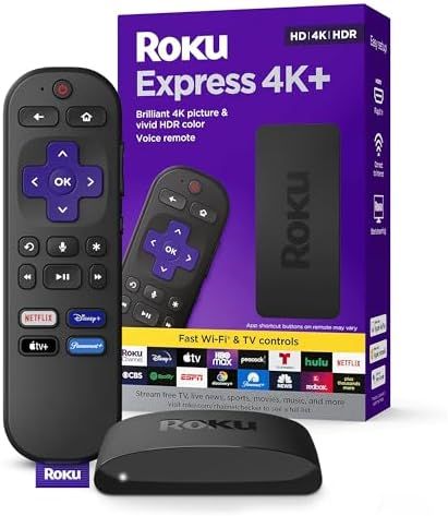 Roku Express 4K+ streaming device with voice remote and box, black and purple.