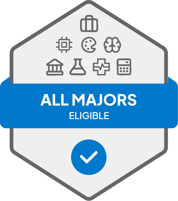 Badge with blue banner: 