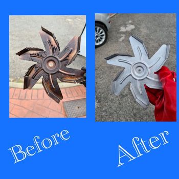 A before and after photo of a fan blade