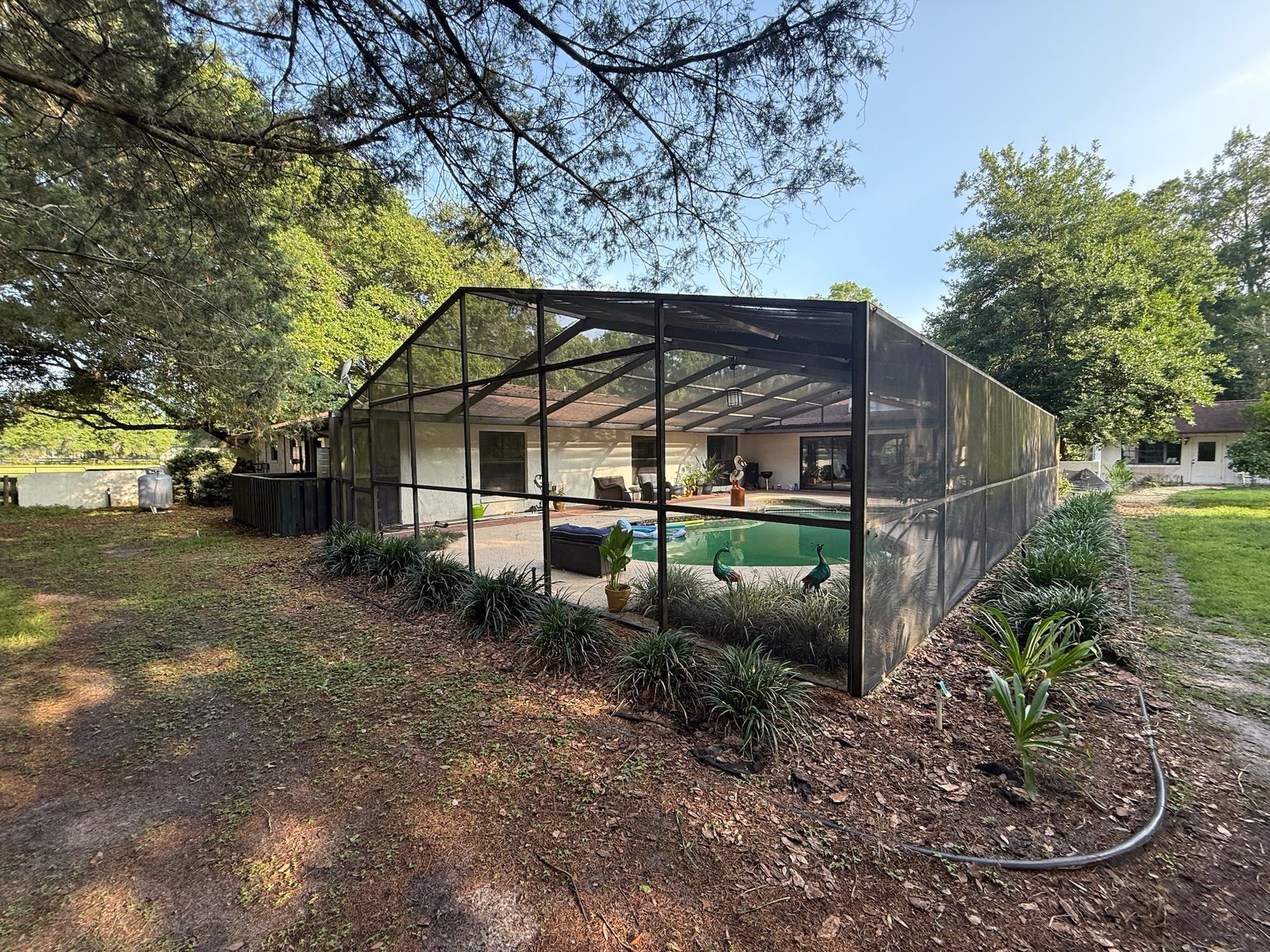 Pool enclosure in a yard with trees, with a pool and patio furniture visible inside.
