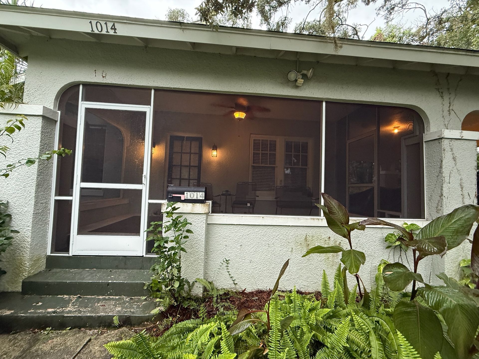 Screened porch of a stucco house; white screen door, plants in front.