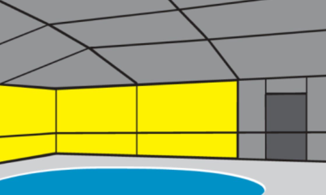 A room with yellow walls and a blue pool in the middle.