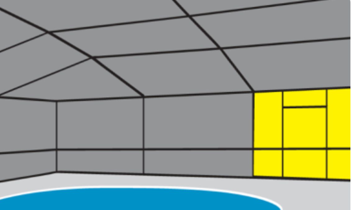 A drawing of a room with a pool and a window.