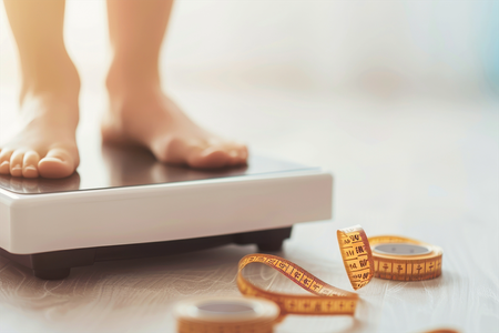 A person standing on a scale next to a measuring tape.