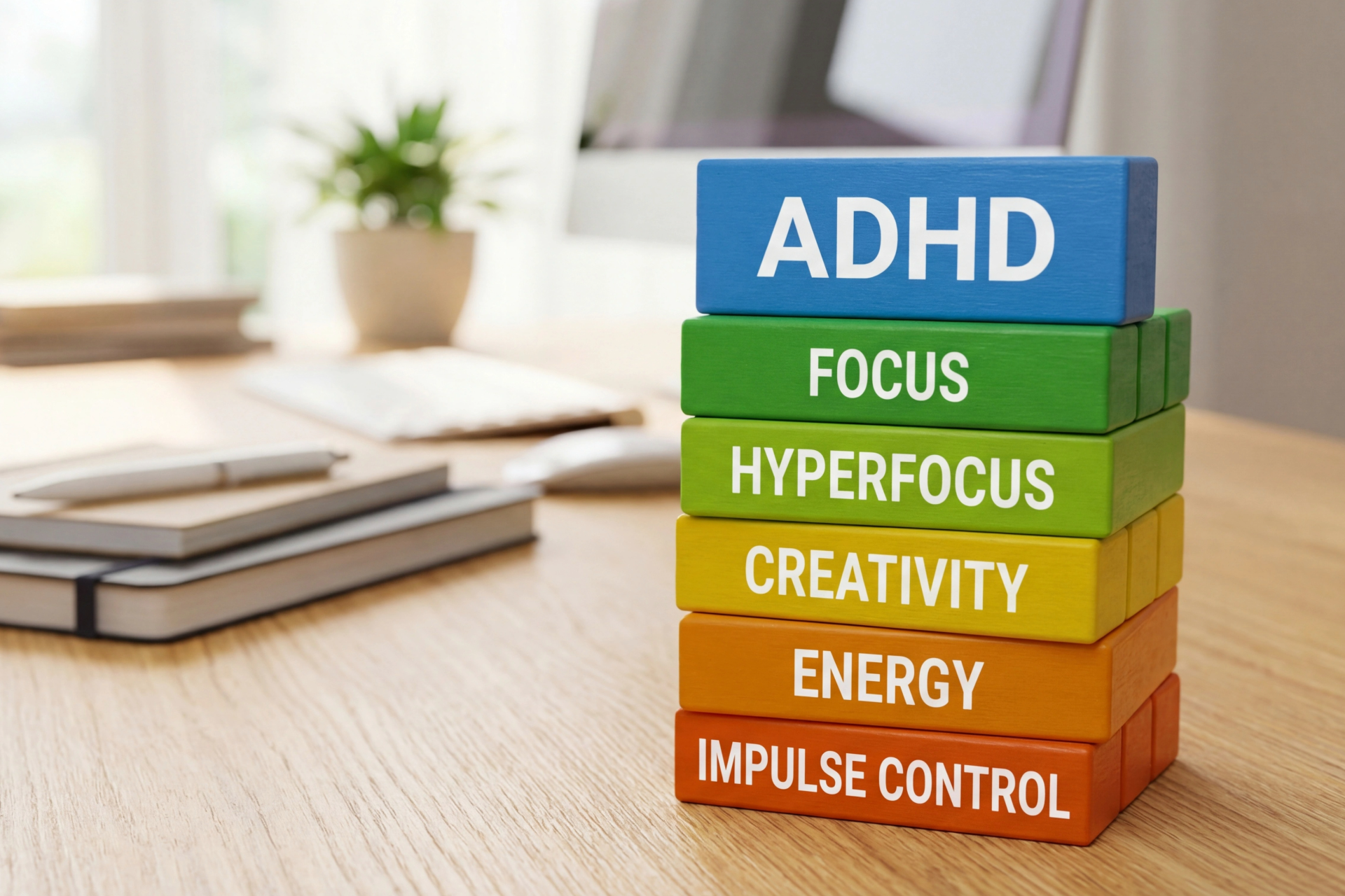 Stacked colored blocks labeled ADHD, focus, hyperfocus, creativity, energy, and impulse control on a desk.