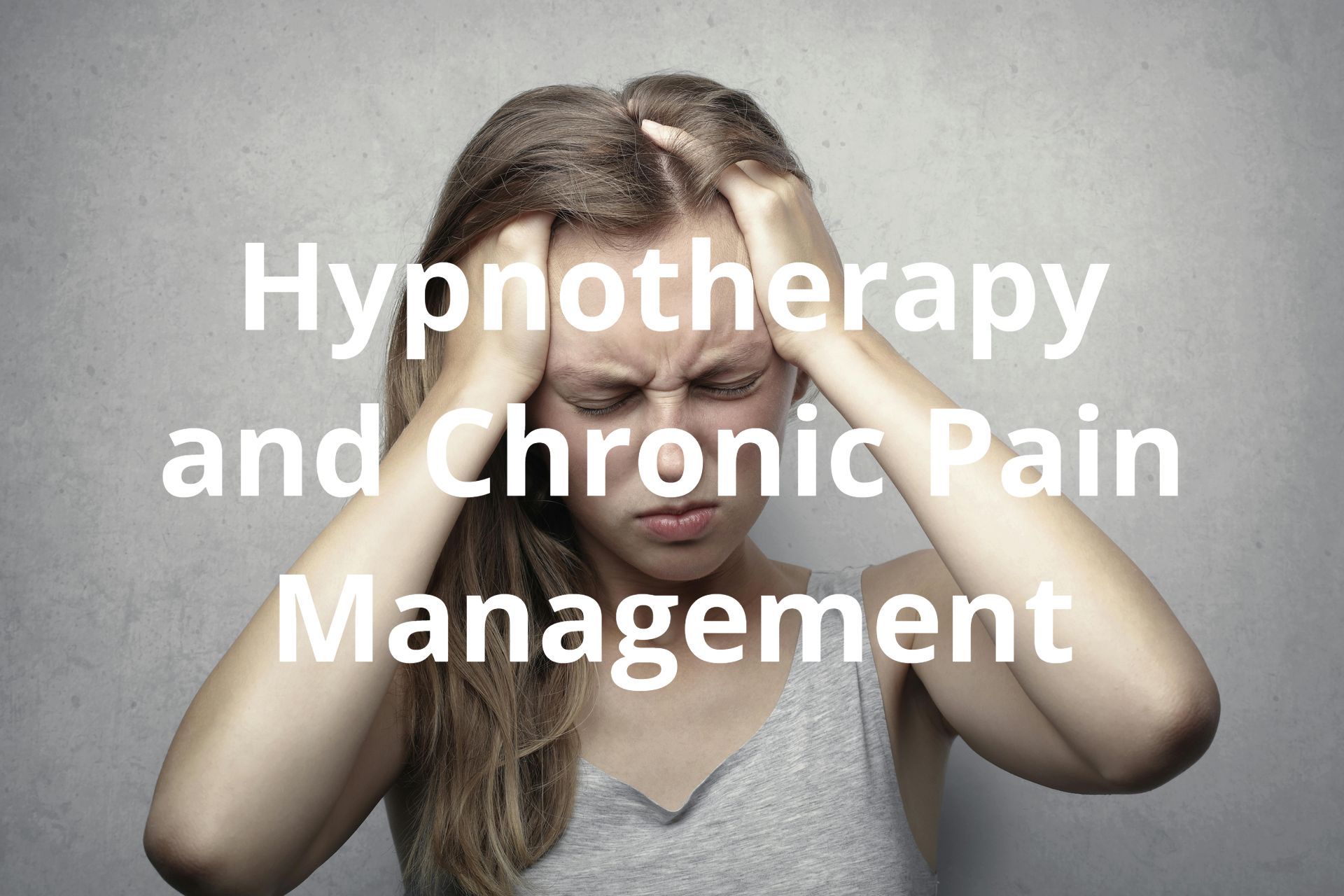 Woman holding head, face contorted in pain; text overlays: 