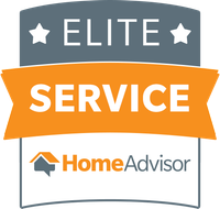 An elite service home advisor logo with an orange ribbon.