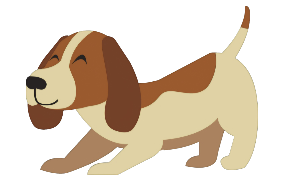 A brown and white dog is walking on a white background.