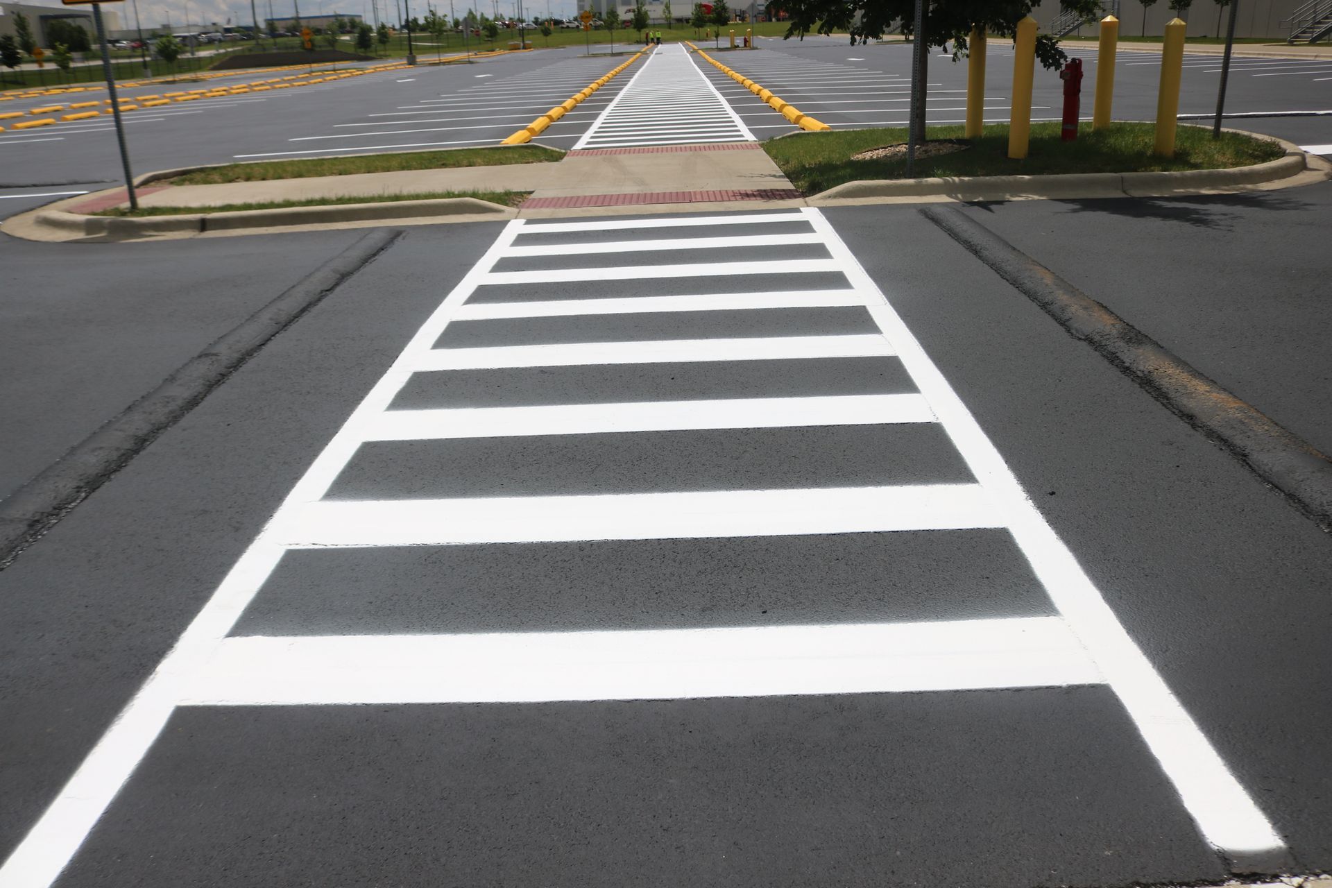 A black and white crosswalk with a fire hydrant in the background.