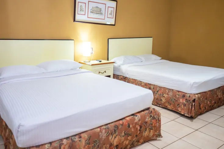Dos camas en una habitación de hotel con paredes de color canela y una pequeña mesita de noche.