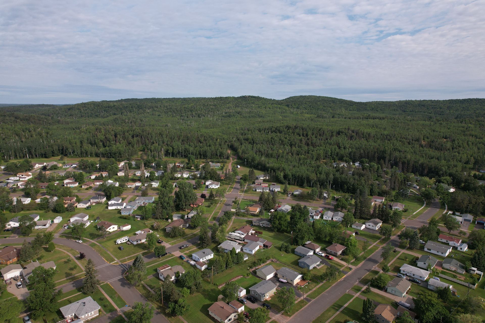 Aerial view of a residential neighborhood with houses near a large forested hill under a cloudy sky.